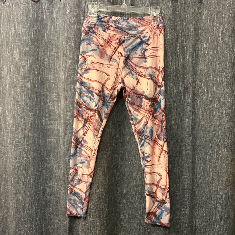 Abstract Brushstroke Marbled Print Leggings Pink Blue Brown High Waist (Women S)